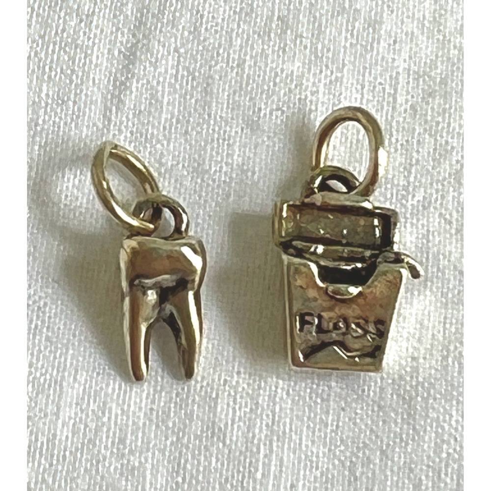 Pair of Sm. Sterling Silver 925 Tooth & Dental Floss Charms Hygenist Dentist .5"